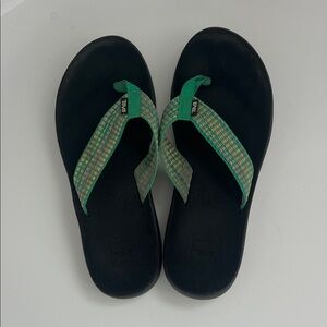 Teva Black Footbed Flip Flops with Green Patterned Straps